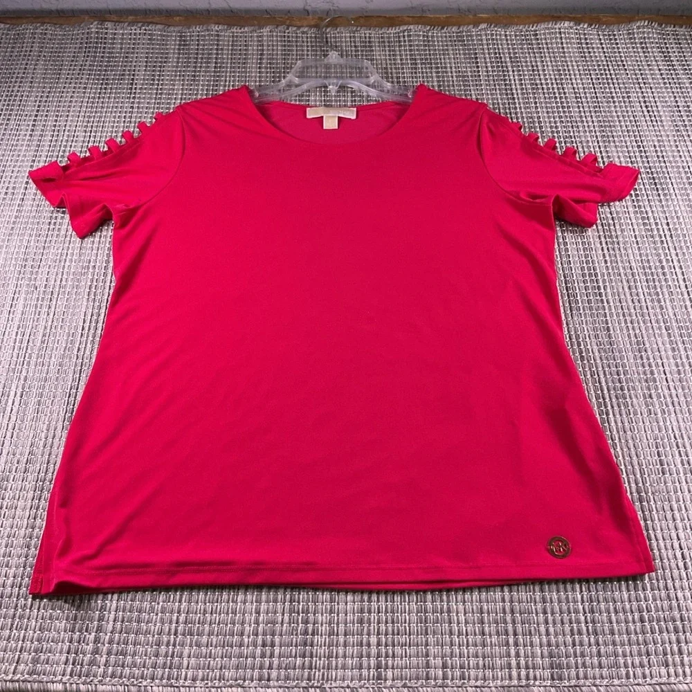 Michael Kors Womens Hot Pink Short Sleeve Ladder Cutout Shoulder Top Large MK